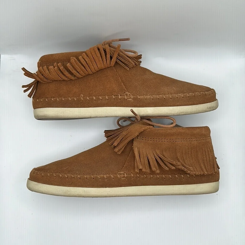 MINNETONKA BROWN LEATHER FRINGE PULL ON ANKLE BOOTIES SHOES WOMEN’S SZ 8